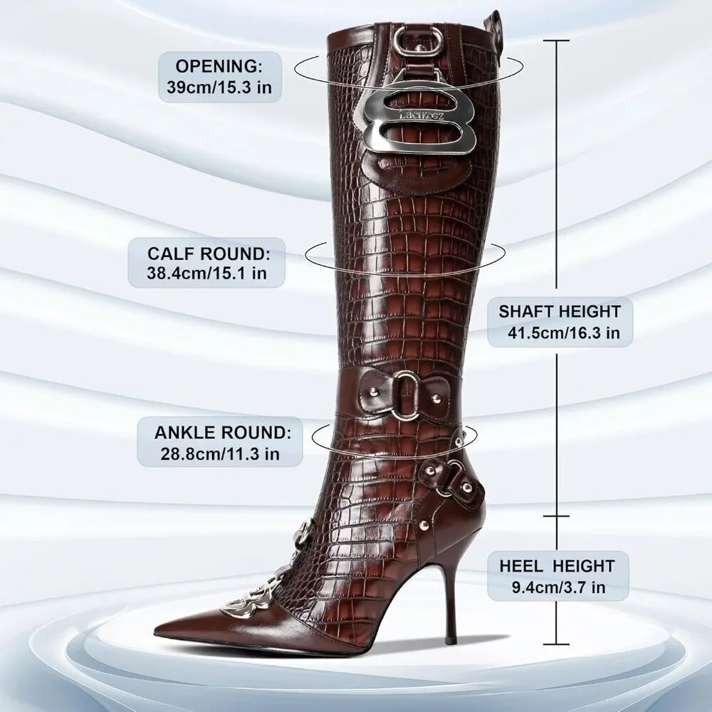 Women's Brown Pointed Toe Slim Calf Sexy Stiletto High Heel Long Tall Boots